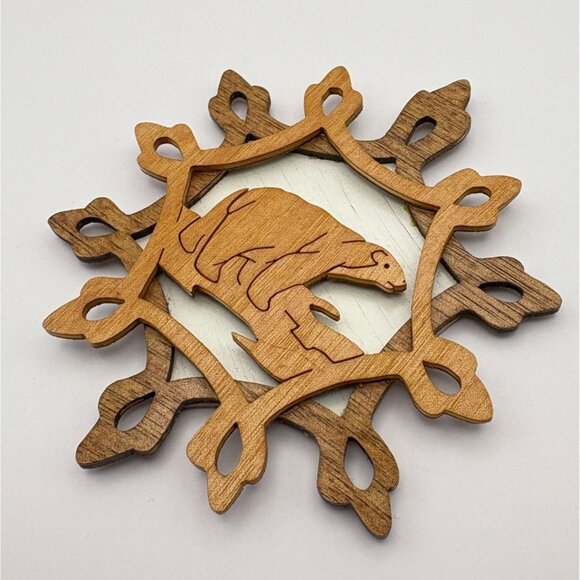 Handcrafted Wooden Snowflake Christmas Tree Ornament Polar Bear Design Rustic - Picture 4 of 6